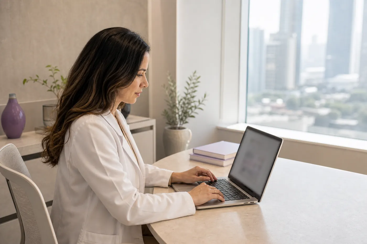 Médica fictícia revisando um notebook após a consulta